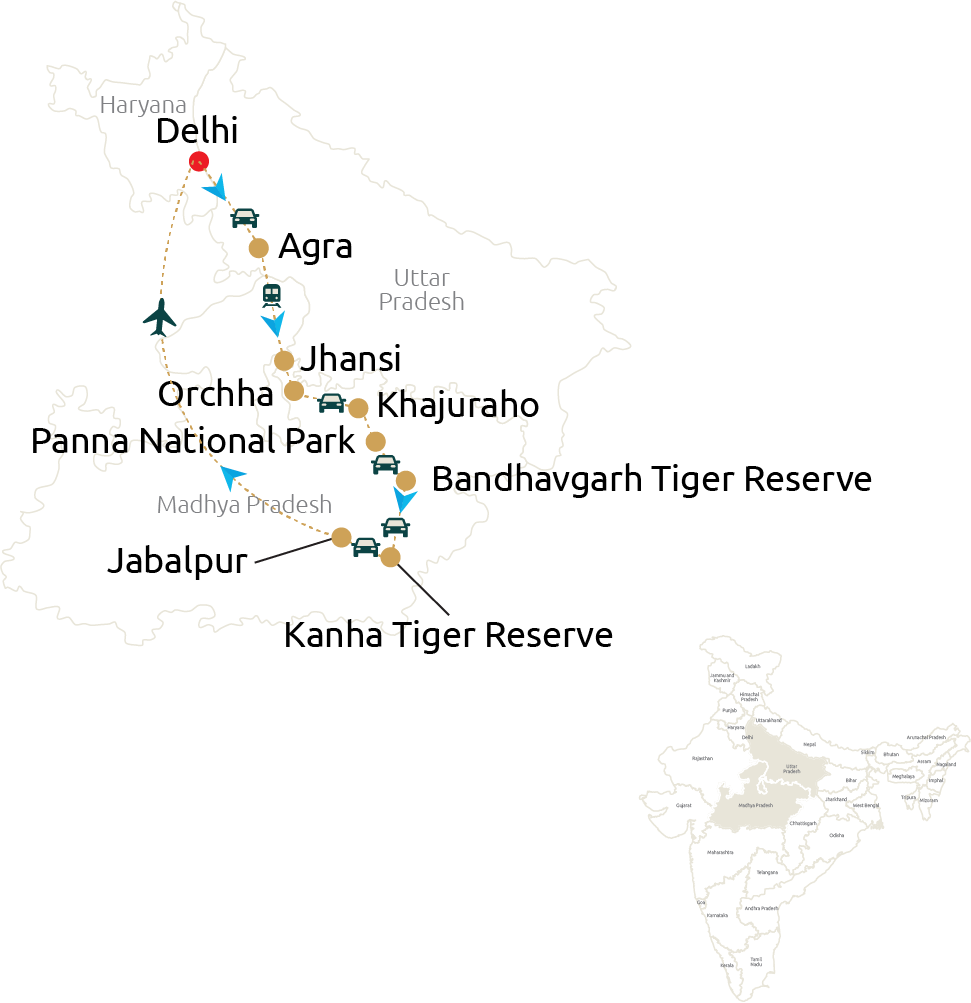 Delhi – Agra – Jhansi – Khajuraho – Panna – Bandhavgarh – Kanha – Delhi