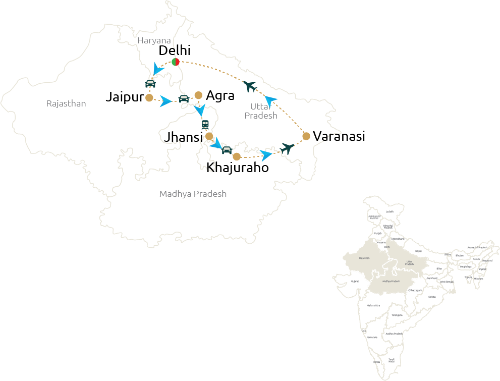Delhi – Jaipur – Agra – Khajuraho – Varanasi – Delhi