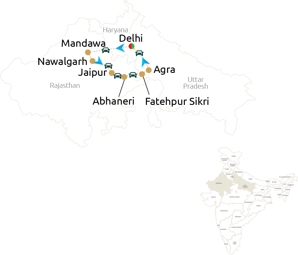 Delhi – Mandawa – Nawalgarh – Jaipur Abhaneri – Fatehpur Sikri – Agra – Delhi